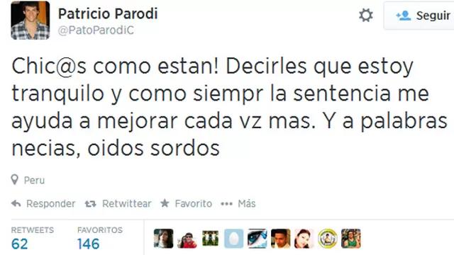 	Patricio Parodi escribió en Twitter un mensaje a sus seguidores