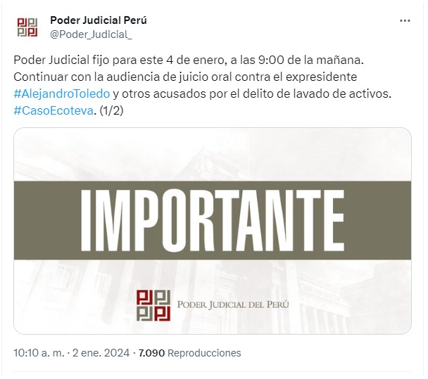 Poder Judicial informó que juicio contra Alejandro Toledo continuará este jueves - Foto: PJ