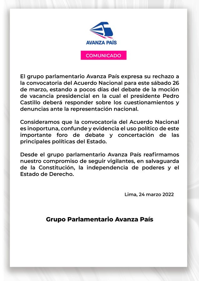 Avanza País expresa su rechazo a la convocatoria del Acuerdo Nacional