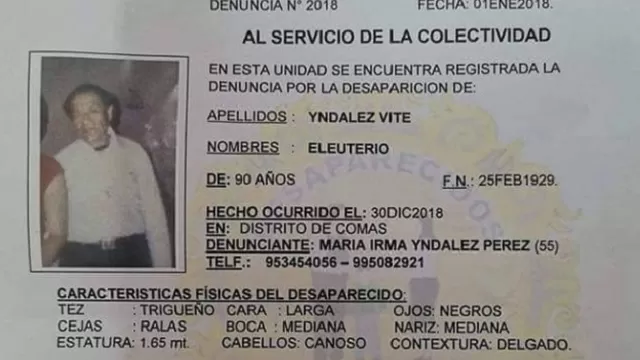 El anciano desapareció en Comas. Foto: Policía Nacional
