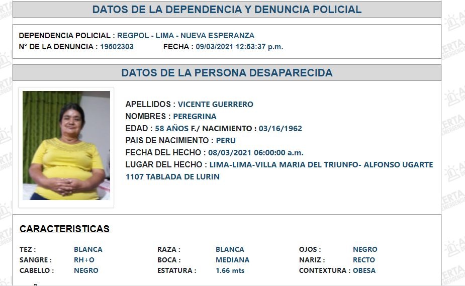 Ayúdalos a volver: Mujer de 58 años desapareció en Villa María del Triunfo