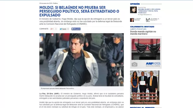 Si Belaúnde no prueba ser perseguido político, Bolivia lo puede expulsar o extraditar
