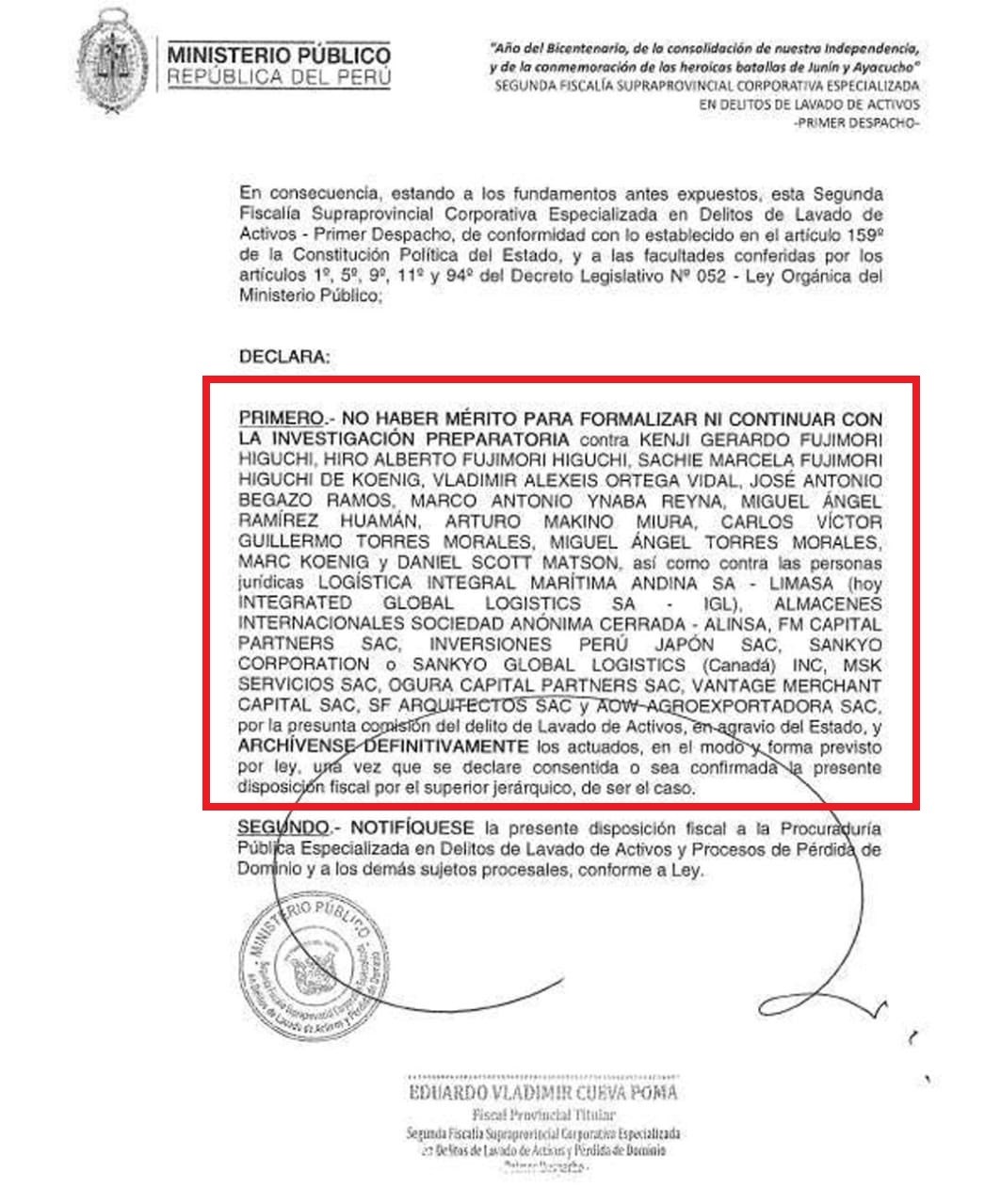 Caso Limasa fue archivado por la Fiscalía, según abogado de Kenji Fujimori