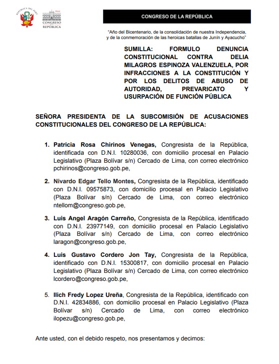 Congreso: Presentan denuncia constitucional contra Delia Espinoza y piden su inhabilitación por diez años