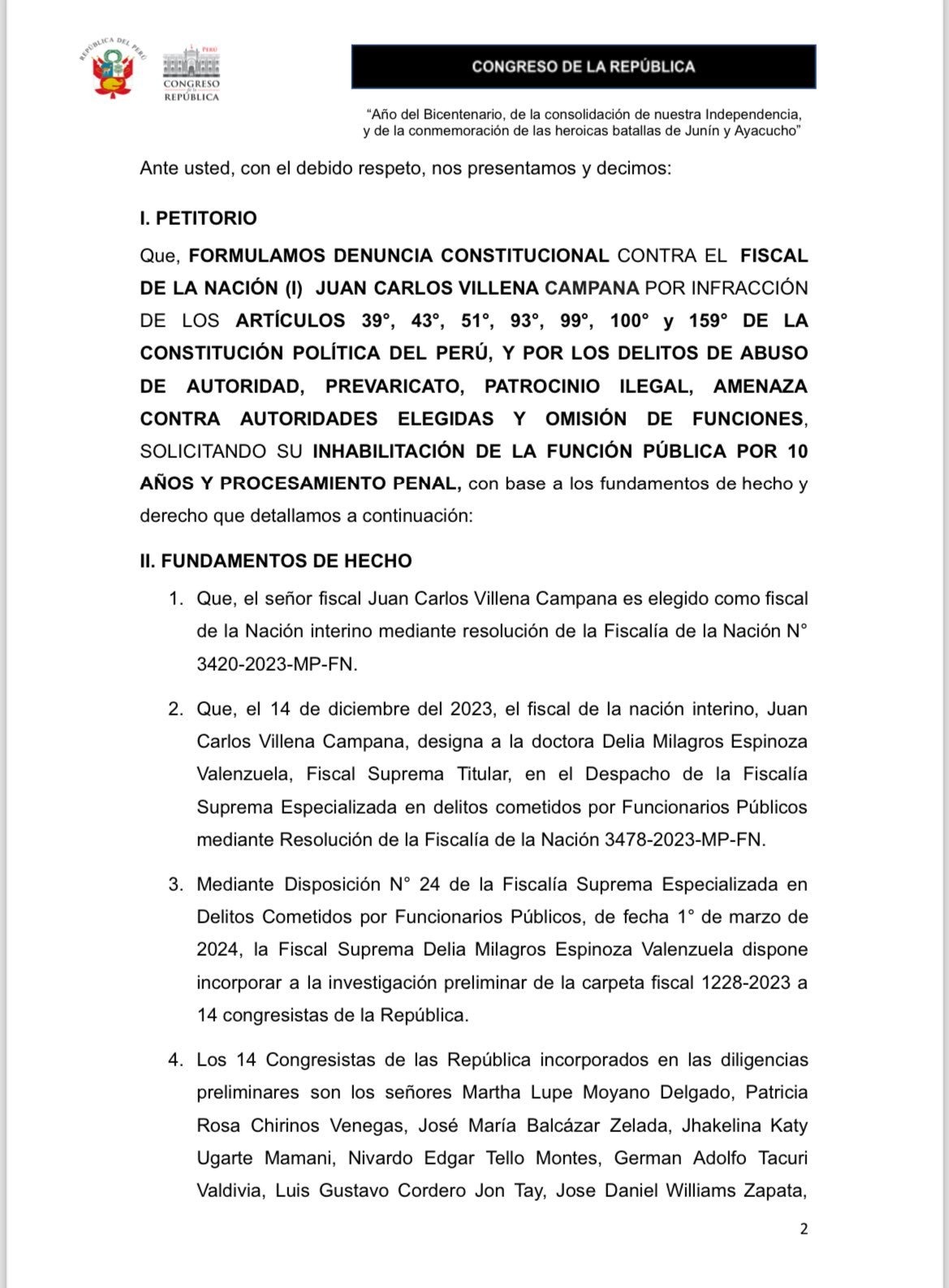 Juan Carlos Villena: Patricia Chirinos y otros 5 congresistas presentan denuncia constitucional contra fiscal de la Nación interino