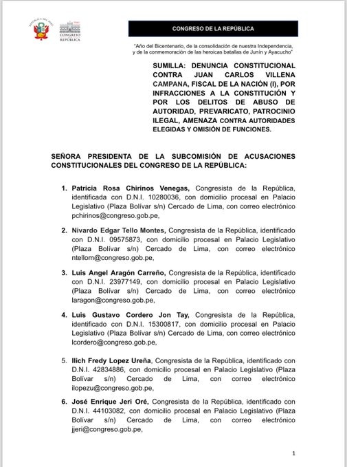 Juan Carlos Villena: Patricia Chirinos y otros 5 congresistas presentan denuncia constitucional contra fiscal de la Nación interino