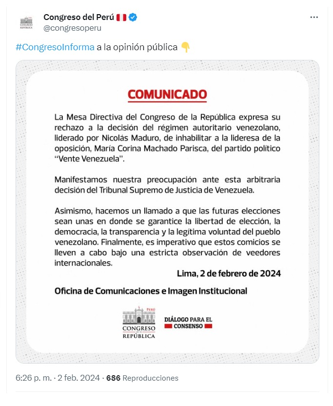 Congreso expresó su rechazo por inhabilitación de candidata María Corina Machado en Venezuela