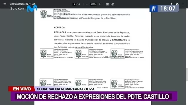 Congreso: presentan moción de rechazo de expresiones del presidente Castillo sobre salida al mar para Bolivia 