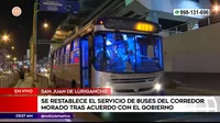 Corredor Morado: Se restablece el servicio de buses tras acuerdo con el Gobierno