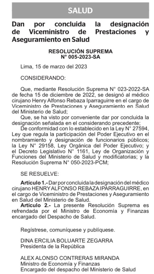 Resolución que da por finalizada designación de viceministro / Fuente: El Peruano