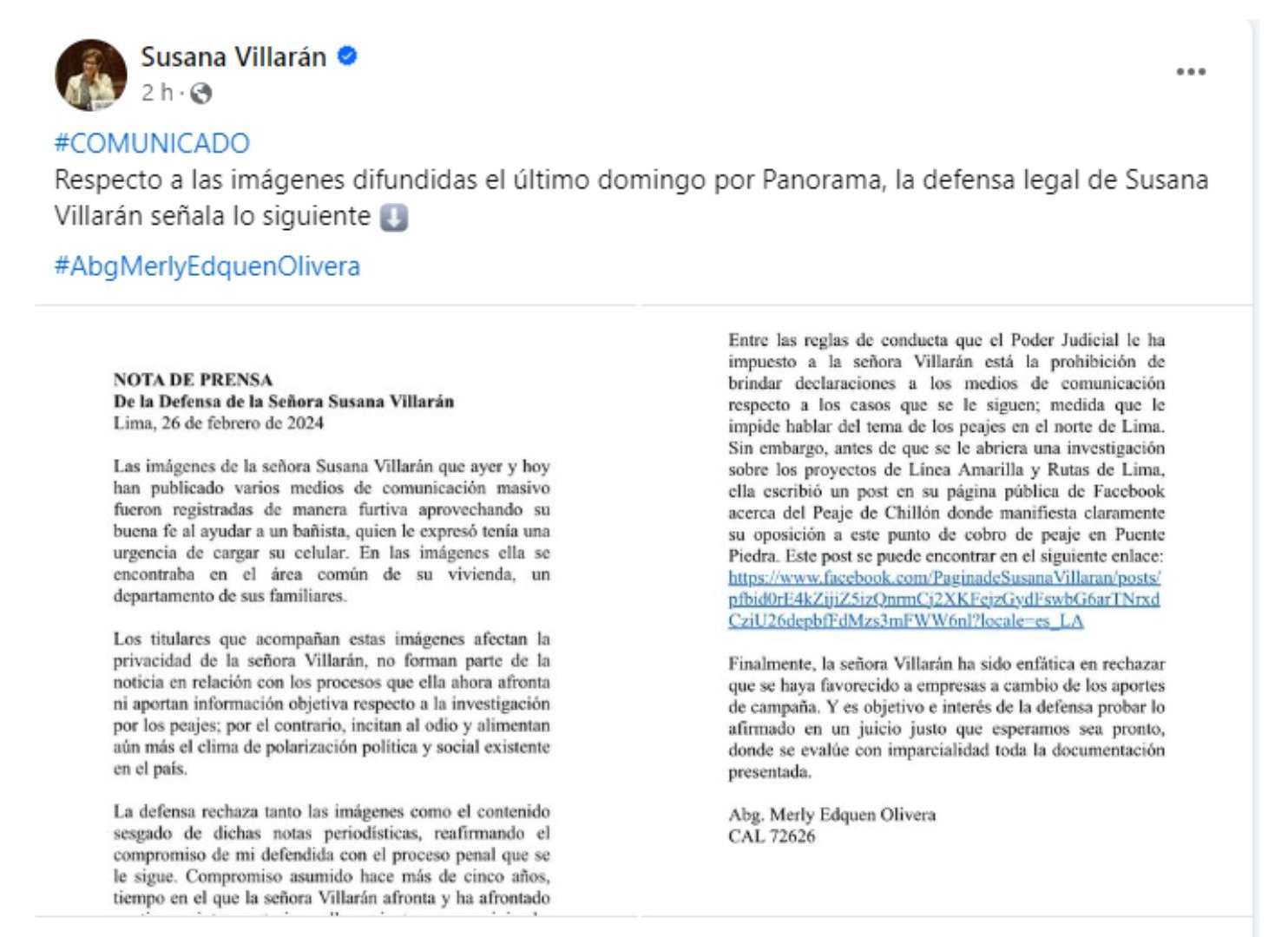 Defensa legal de Susana Villarán: "Imágenes afectan la privacidad de la exalcaldesa"