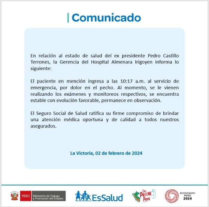 Comunicado emitido por EsSalud respecto a al salud del ex presidente Castillo / Foto: EsSalud