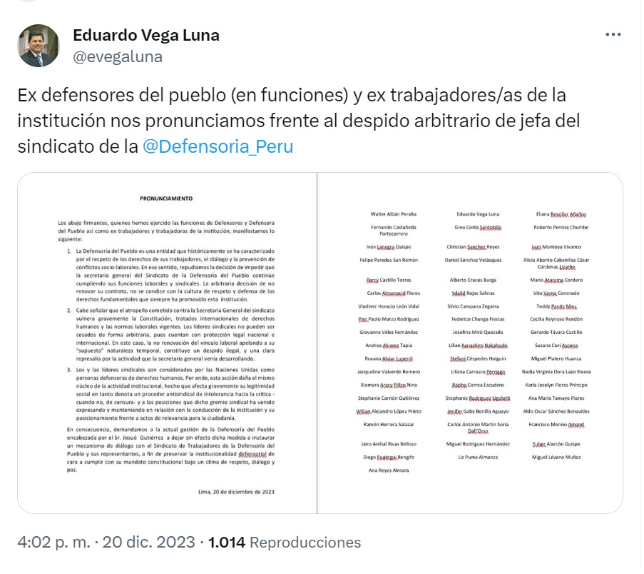 El exdefensor del Pueblo, Eduardo Vega, publicó el comunicado - Foto: @evegaluna