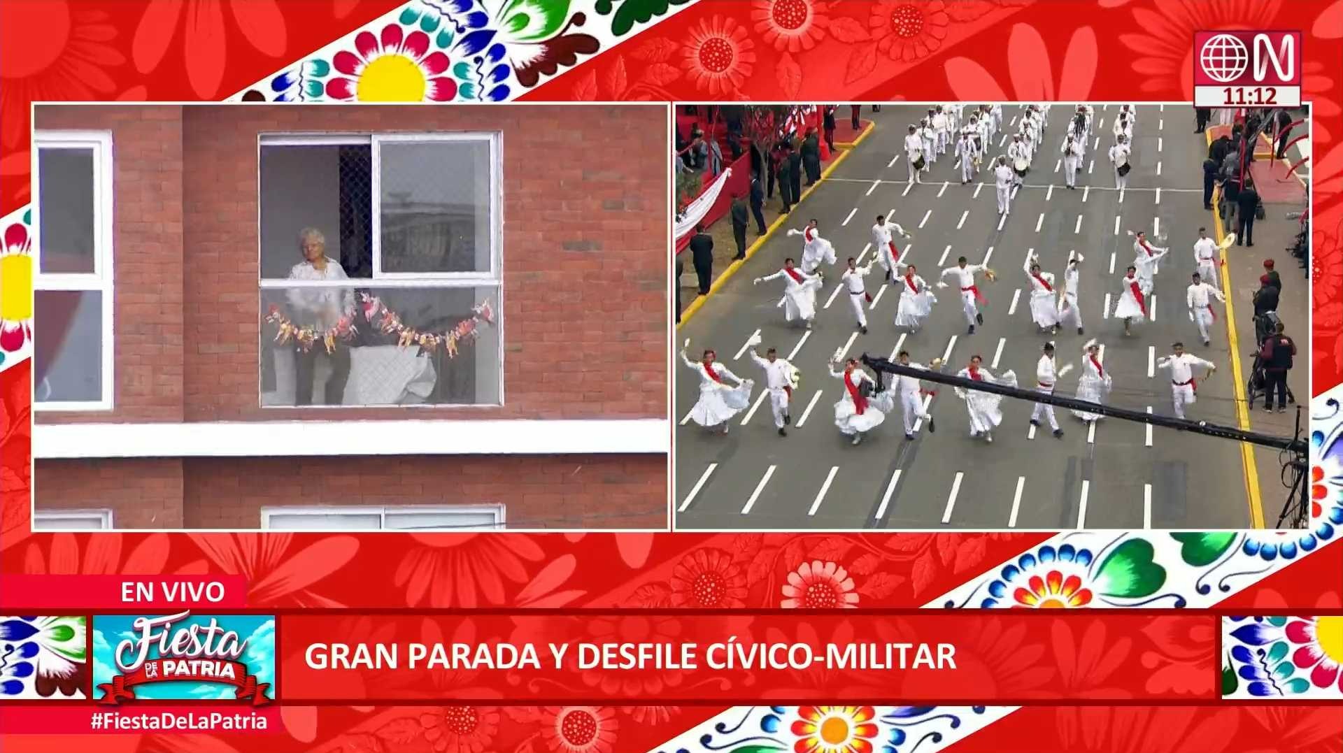 Fiestas Patrias: Abuelita se contagió del desfile cívico-militar y se robó el show desde su ventana