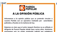 Fuerza Popular: "Joaquín Ramírez no es afiliado ni dirigente del partido desde hace varios años"