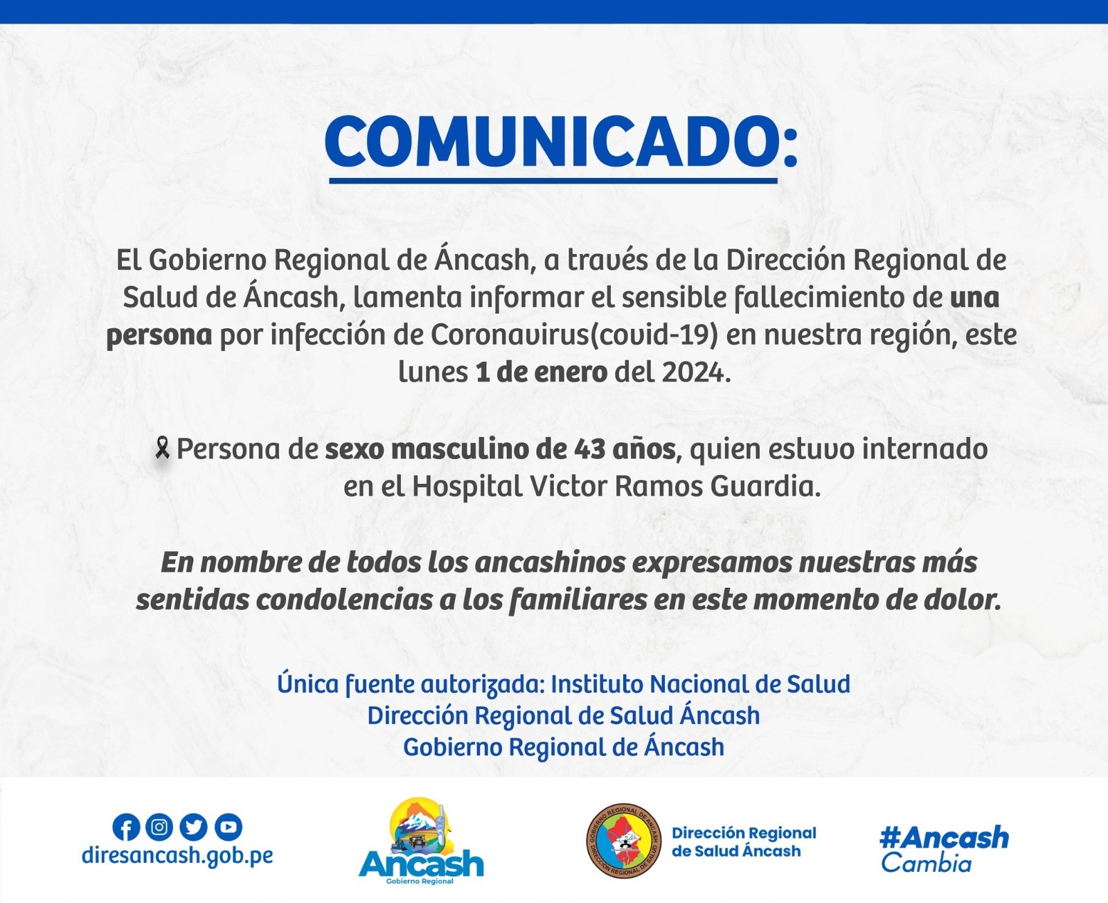 Huaraz reporta su primer fallecimiento por COVID-19 del 2024