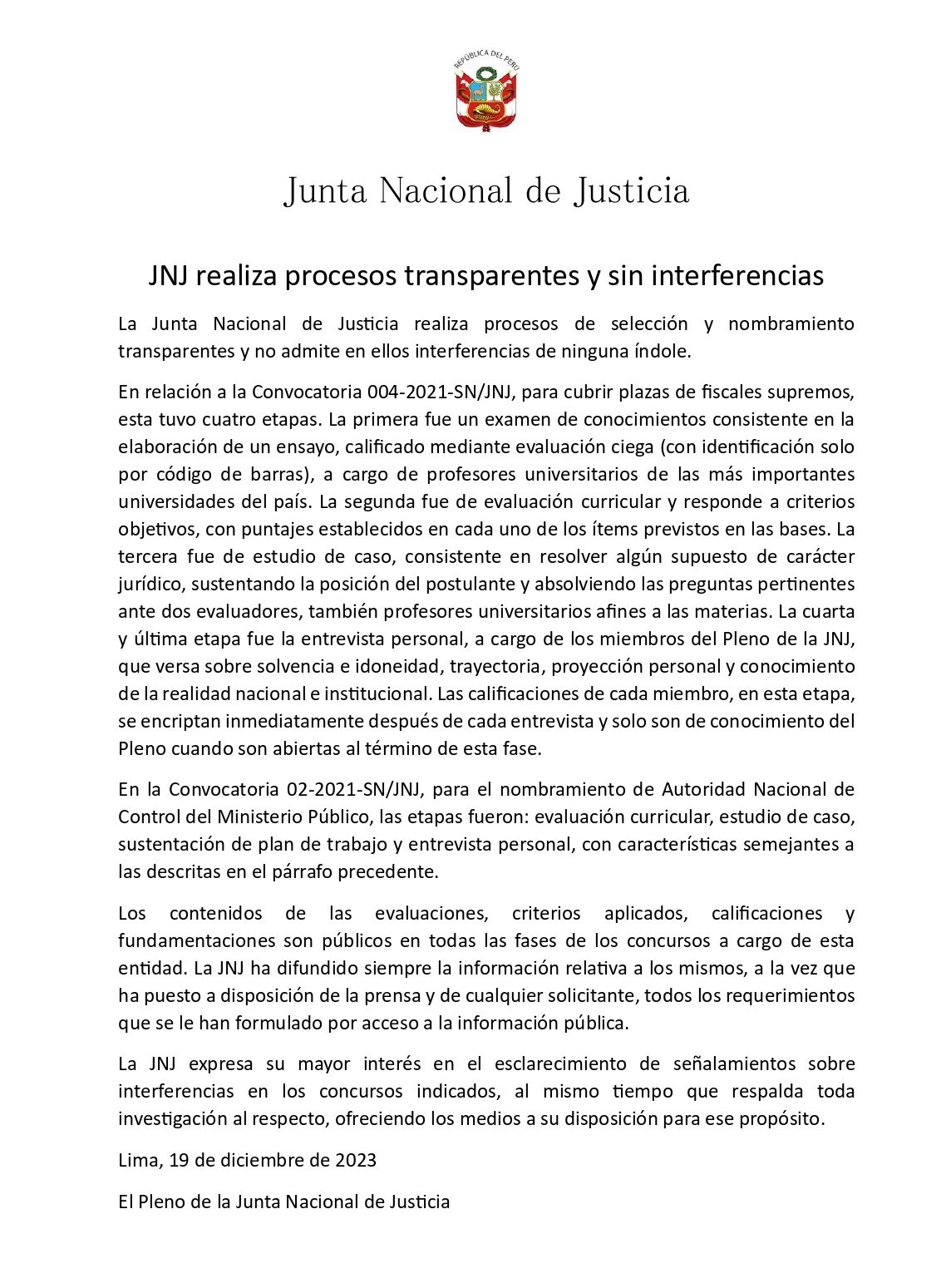 Comunicado de la Junta Nacional de Justicia - Foto: JNJ