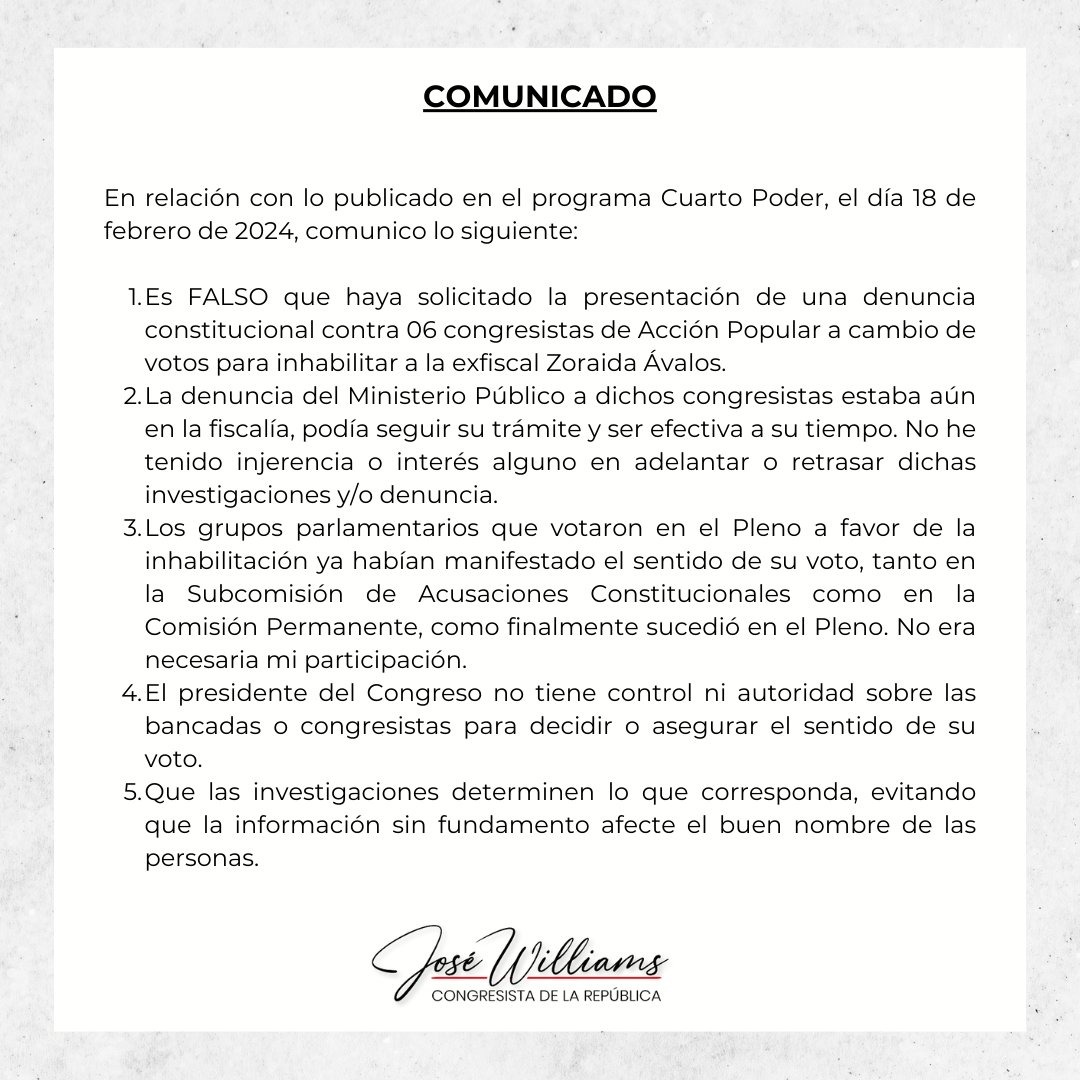 José Williams calificó de "falso" testimonio de Jaime Villanueva sobre caso de inhabilitación a Zoraida Ávalos