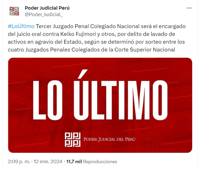 Tercer Juzgado Penal estará a cargo del juicio oral contra Keiko Fujimori en el caso Cócteles - Foto: PJ
