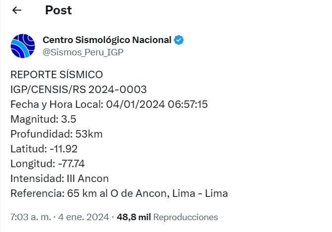 Lima registró hoy tres sismos en menos de 24 horas