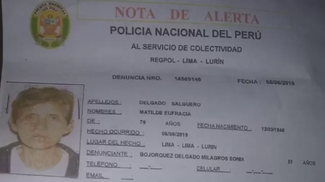 Lurín: reportan desaparición de mujer de 79 años. Foto: PNP
