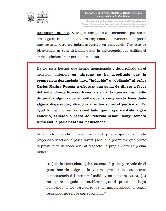 Oficio enviado por la congresista Elizabeth Medina sobre el caso de Magaly Ruíz, acusada de recortar el sueldo a uno de sus trabajadores - Foto: Canal N