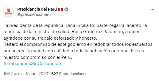 Dina Boluarte aceptó la renuncia de Rosa Gutiérrez al Ministerio de Salud