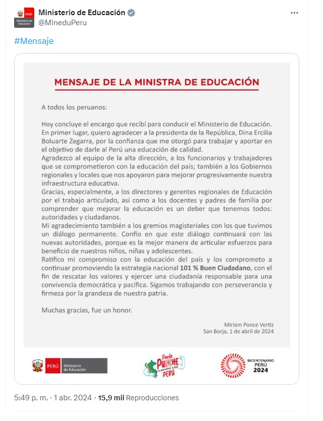 Miriam Ponce renunció al Ministerio de Educación
