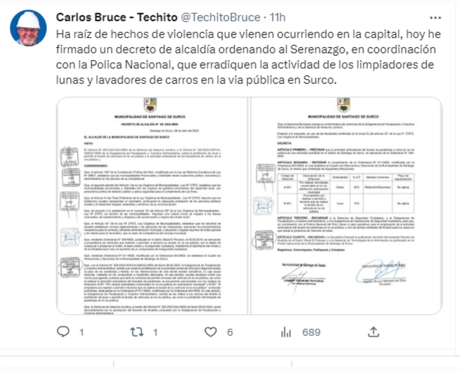 Publicación del alcalde de Surco, Carlos Bruce / Twitter