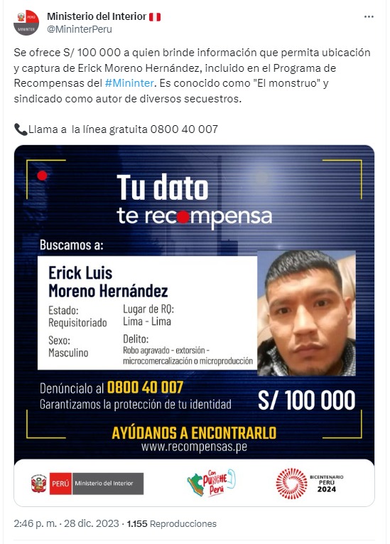Se ofrece S/ 100 000 a quien brinde información para la captura de Erick Moreno, incluido en el Programa de Recompensas, y acusado de secuestrar a la niña Valeria - Foto: Mininter