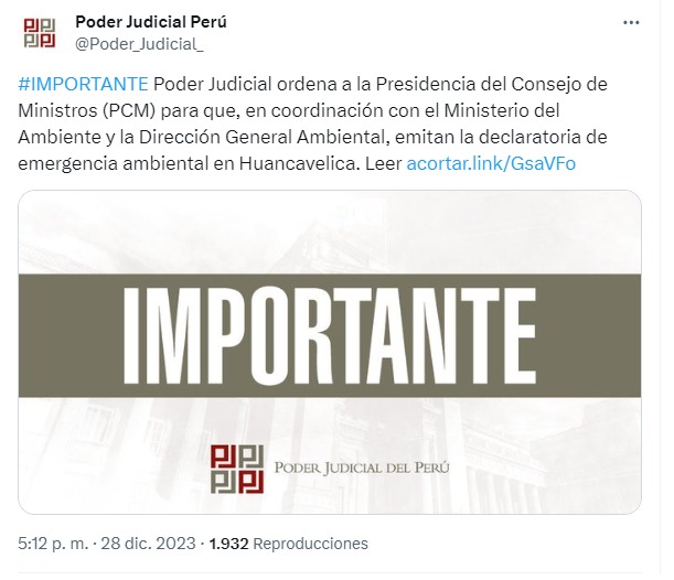 PJ ordenó a la PCM declarar la emergencia ambiental en Huancavelica - Foto: Poder Judicial
