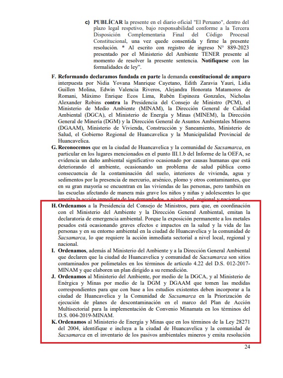 Parte de la resolución del PJ que ordenó declarar la emergencia ambiental en Huancavelica - Foto: Poder Judicial