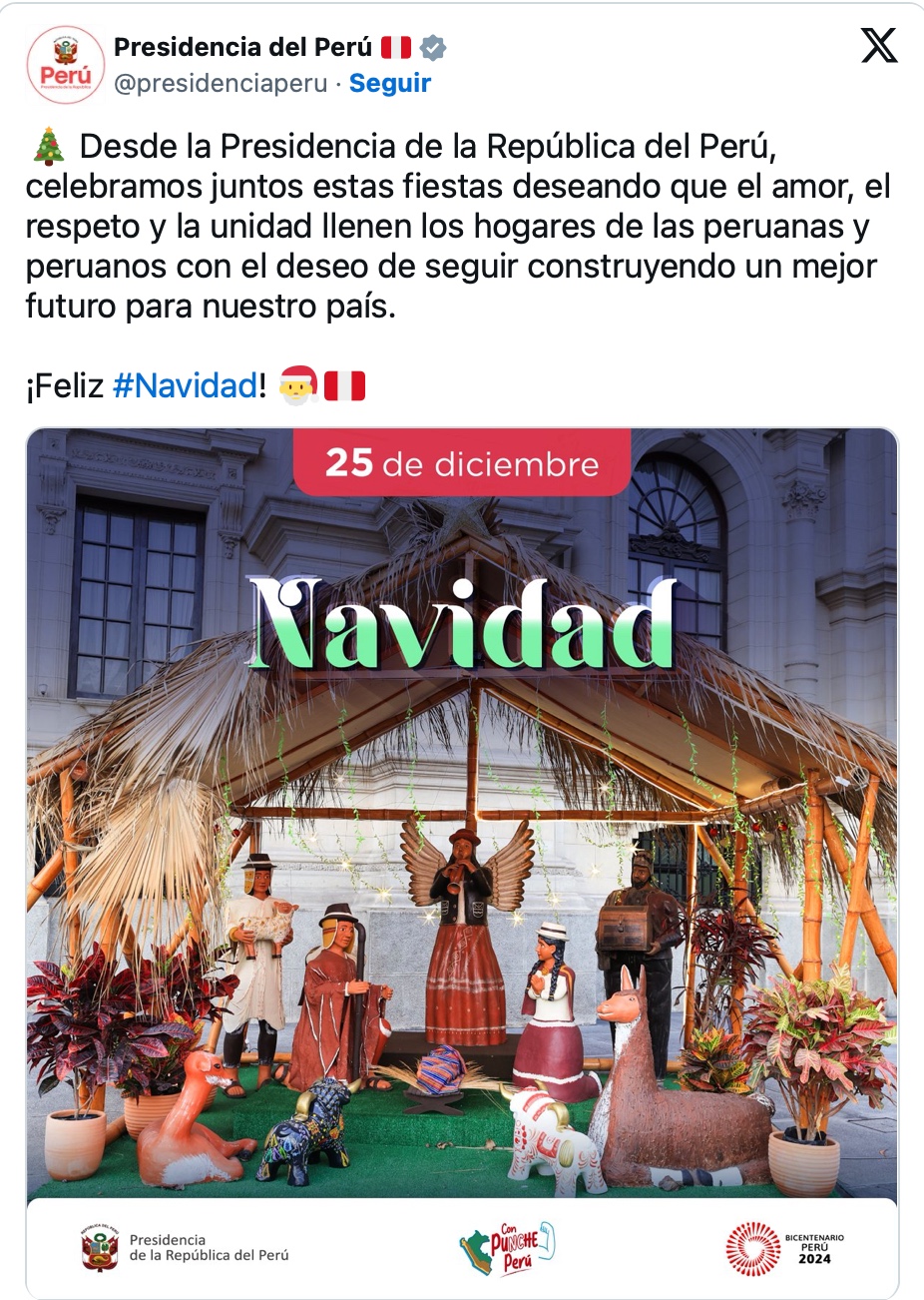 Presidencia por Navidad: "Que el amor, respeto y la unidad llenen los hogares de los peruanos"