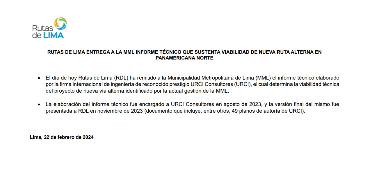 Rutas de Lima entregó informe técnico a la MML para vía alterna en la Panamericana Norte
