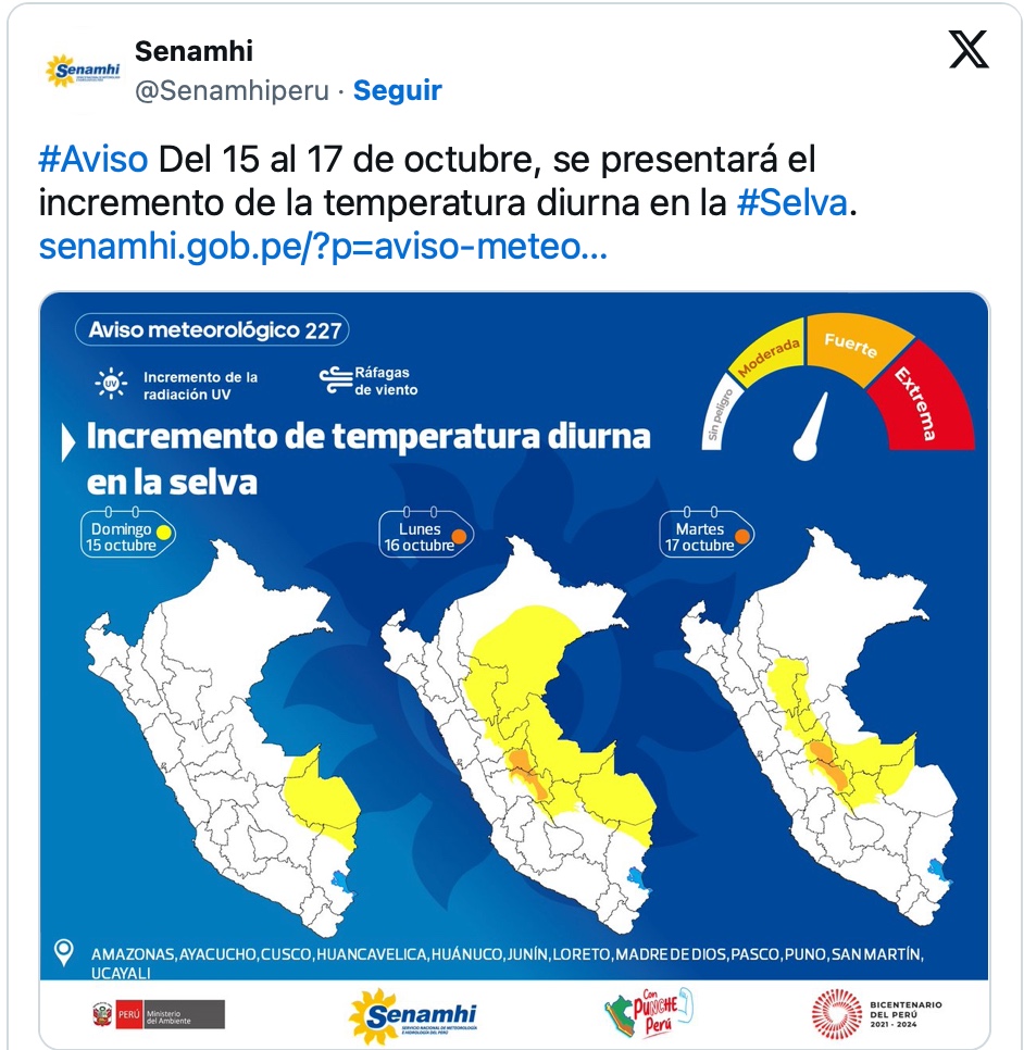 Senamhi: Selva sur soportará temperatura superior a 36 °C desde el 15 de octubre