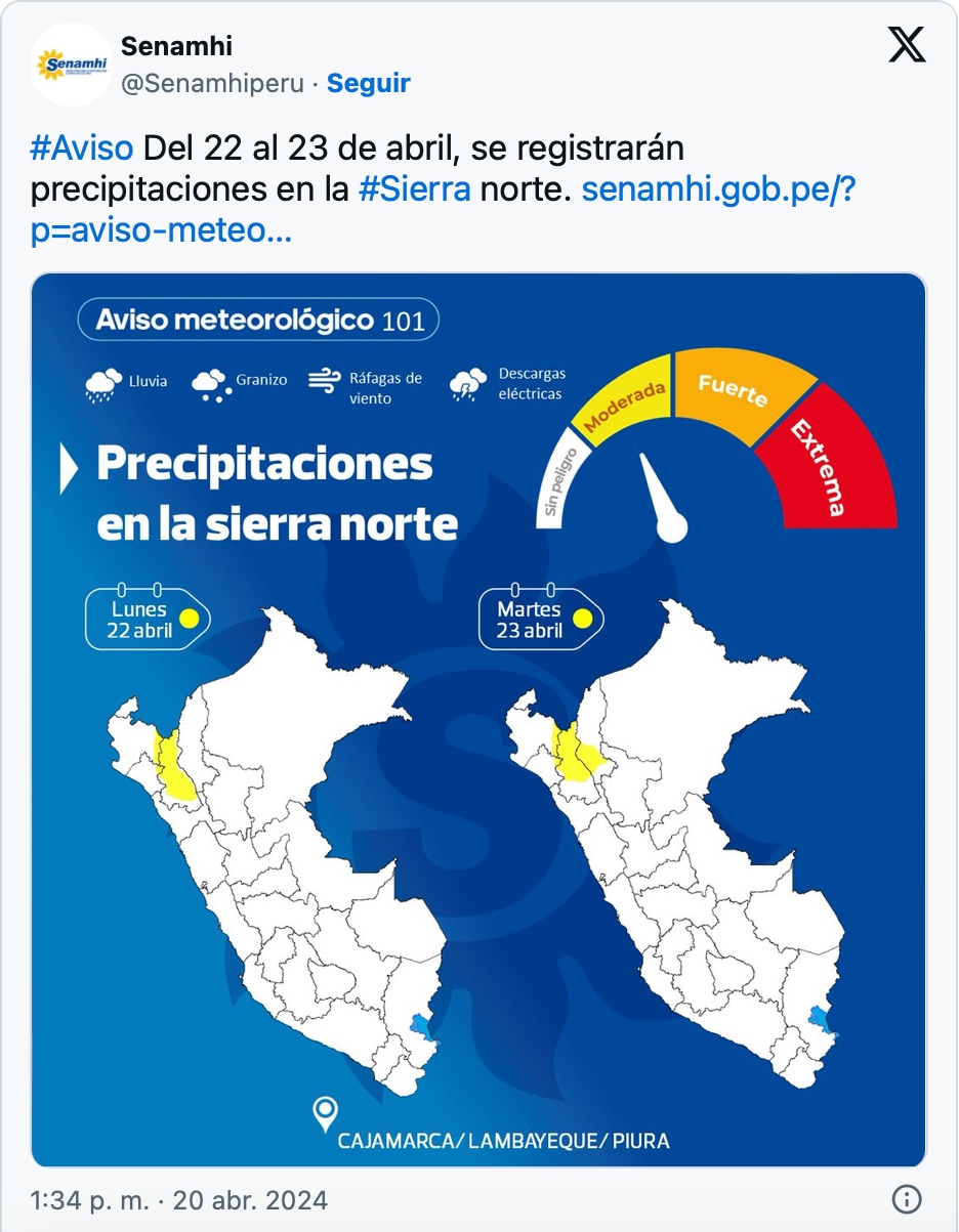 Senamhi: Sierra norte soportará precipitaciones intensas el lunes 22 y martes 23 de abril