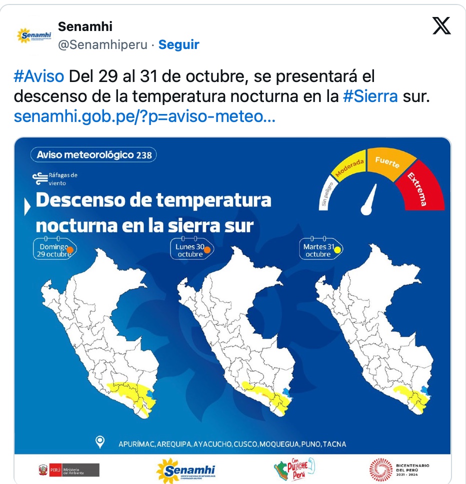 Senamhi: Temperatura nocturna en la sierra sur bajará hasta 15 grados bajo cero