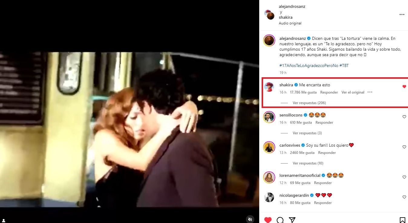 La respuesta de Shakira a Alejandro Sanz por los 17 años de 'Te lo agradezco, pero no' / Instagram