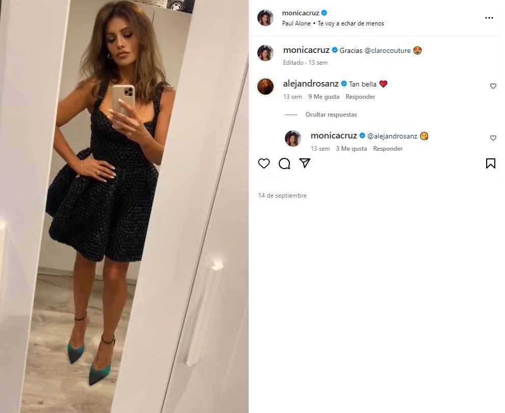 El pasado 14 de septiembre Alejandro Sanz dejó un comentario en una de las publicaciones de Mónica Cruz, y ella correspondió con un emoji de un beso/Foto: Instagram