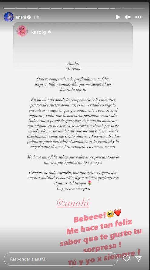 Respuesta de Anahí Puente al mensaje de Karol G en Instagram/Foto: Instagram