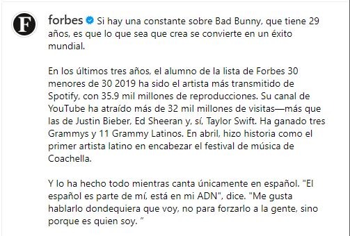 Esto es lo que opinan en la revista Forbes del cantante puertorriqueño Bad Bunny/Foto: Instagram