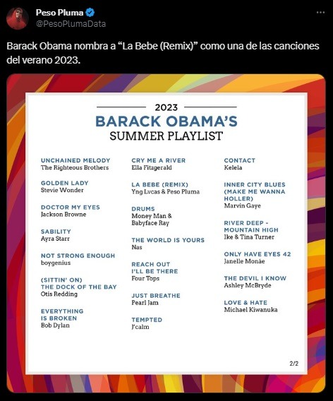 Peso Pluma compartió lista de Barack Obama. Fuente: Twitter