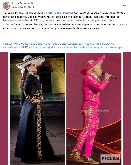 Reina de la Federación Mexicana de Charrería reaccionó a traje de charro rosa de Christian Chávez. Fuente: Facebook