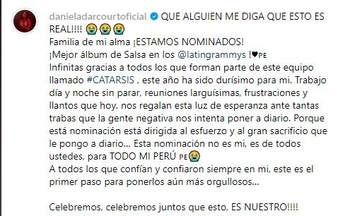 Mensaje de Daniela Darcourt luego de conocer su nominación los Latin Grammys 2023/ Foto: Instagram