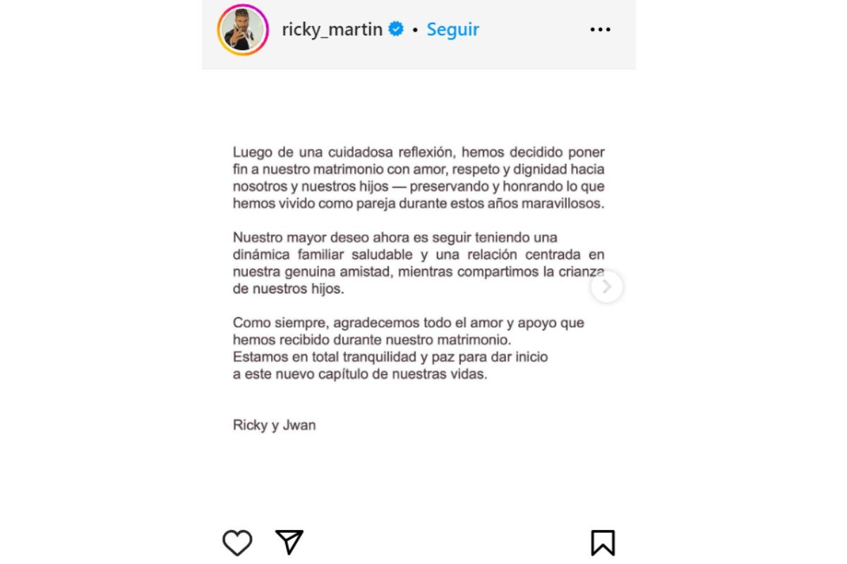 Comunicado de Ricky Martin sobre su divorcio de Jwan Yosef
