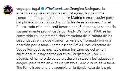 Georgina Rodríguez es la nueva protagonista de la portada de la edición de octubre de la revista Vogue Portugal / Foto: Instagram