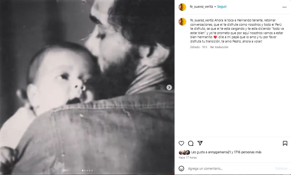 Mensaje a María Fe Suárez Vértiz a su hermano Pedro. Instagram