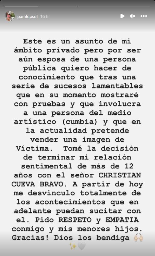 Comunicado de Pamela López anunciando su separación definitiva del futbolista Christian Cueva/Foto: Instagram
