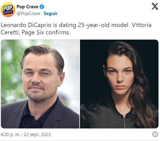 Page Six confirmó romance de Leonardo DiCaprio con modelo Vittoria Ceretti. Fuente: Twitter
