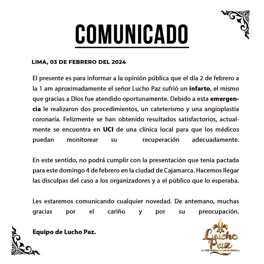 Comunicado donde dieron la noticia del infarto de Lucho Paz/Foto: Instagram